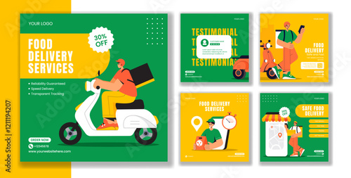 Online Food Delivery Social Media Post Templates in Flat Cartoon Style Illustration