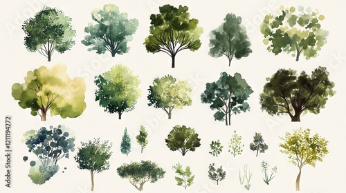 botanical landscape design elements, watercolor styled tree icons, varying foliage clusters, soft gradient greens, aerial garden planning symbols, organic canopy shapes, artistic vegetation marks,