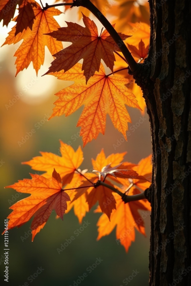 Golden hues on black oak leaves rustling in autumn breeze, tree bark, fall foliage Golden hues on black oak leaves rustling in autumn breeze, tree bark, fall foliage
