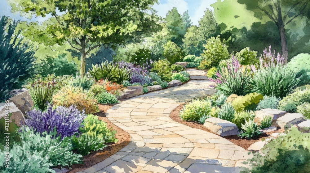 Obraz premium professional landscape mapping assets, gentle watercolor plant symbols, comprehensive garden planning elements, varied foliage representations, architectural vegetation markers, natural green