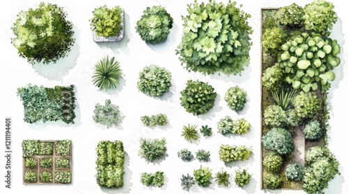 professional landscape mapping assets, gentle watercolor plant symbols, comprehensive garden planning elements, varied foliage representations, architectural vegetation markers, natural green