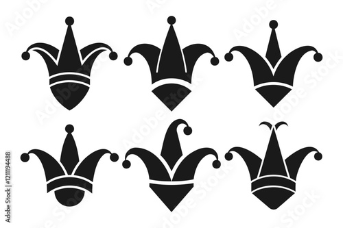 Collection of Simple Black Jester Hats on White Background