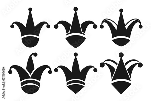 Collection of Simple Black Jester Hats on White Background