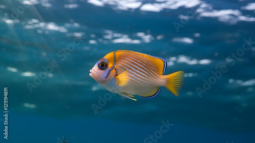 A bright fish with a striking yellow tail is swimming in the ocean blue waters