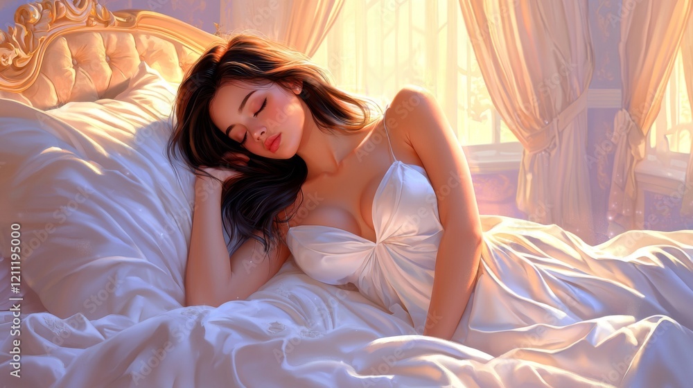 Dreamy woman sleeping in luxurious bedroom digital art cozy atmosphere soft lighting serenity concept