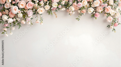 Fototapeta Naklejka Na Ścianę i Meble -  Elegant arrangement of pink roses and white flowers with greenery, set against a neutral, textured backdrop. Ideal for weddings, events, or romantic themes.

