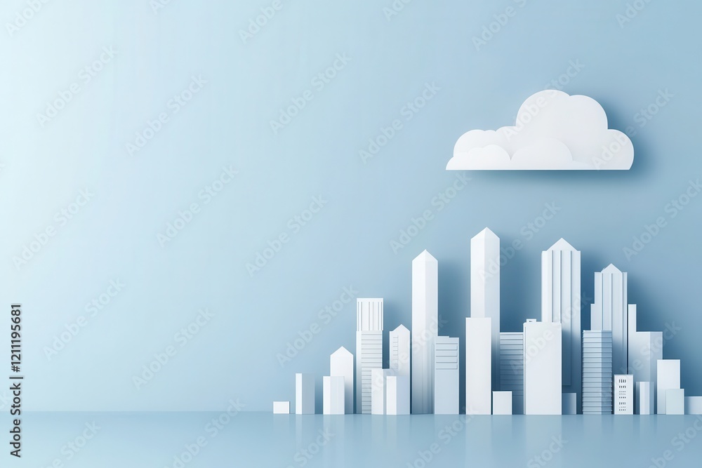 Obraz premium A minimalistic illustration of a skyline featuring white buildings against a light blue background, complemented by a single cloud.