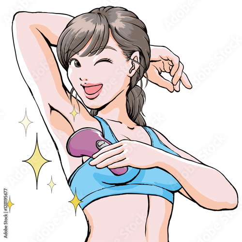 キレイな脇見せポーズするスポブラ姿の若い女性_ウィンク_脱毛器.eps