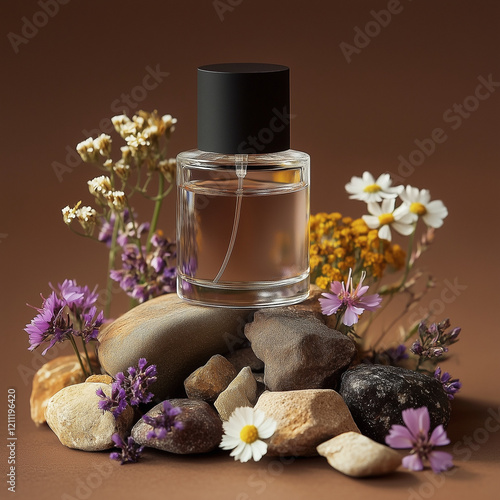 A mocap of a perfume bottle in flowers on a stone photo