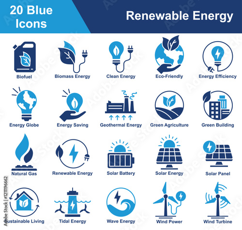 Renewable Energy Icon Set Collection. Containing Biofuel, Biomass, Clean Energy, Eco Friendly, Energy Efficiency, Energy Saving, Geothermal Energy, Green Agriculture. Simple Blue Vector Illustration.