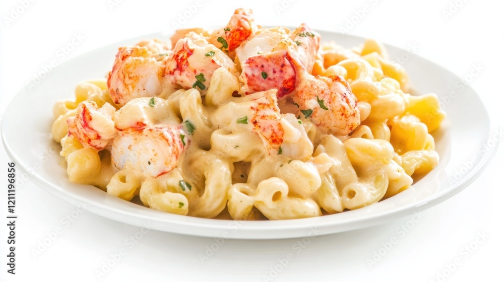 A plate of creamy lobster mac and cheese with tender lobster meat, macaroni pasta, and a creamy cheese sauce A plate of creamy lobster mac and cheese with tender lobster meat, macaroni pasta, and a creamy cheese sauce