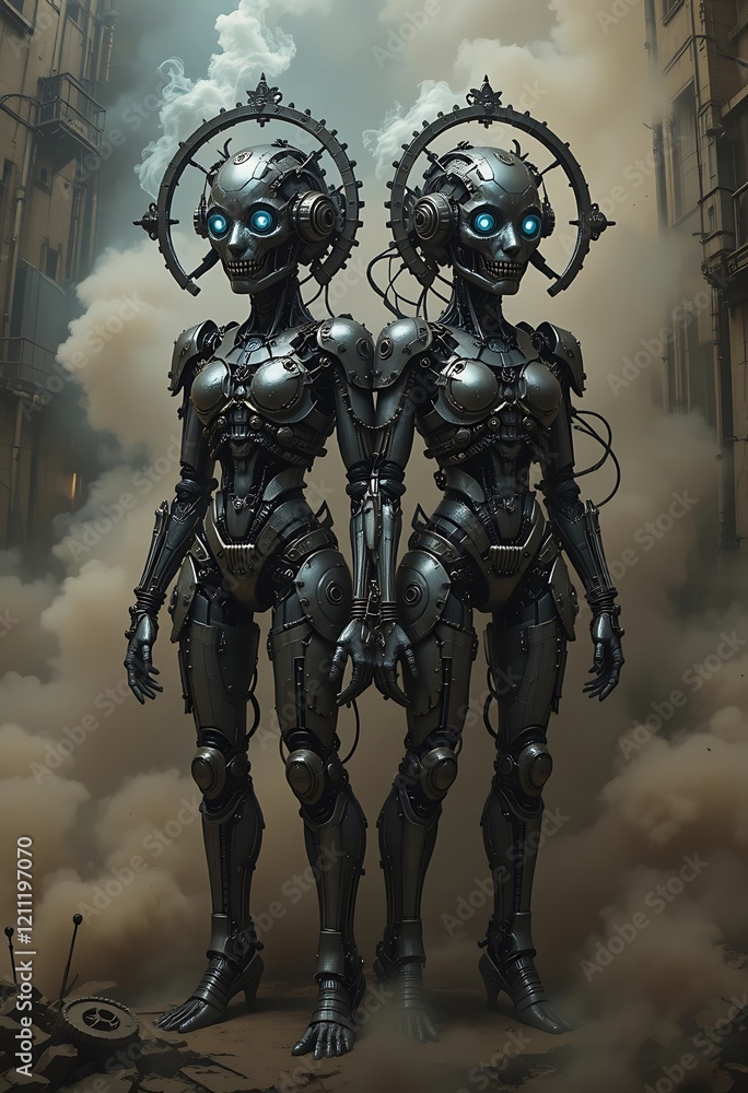 Naklejka premium Twin Metal Robots Glowing Eyes Steampunk Cityscape Smoky Background