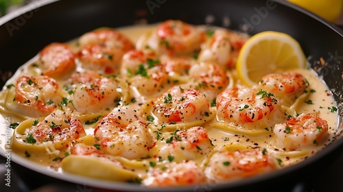 close up image of a creamy pasta dish featuring large shrimp and ravioli presented in a dark, round pan, with a rich, creamy sauce that has a light yellow hue