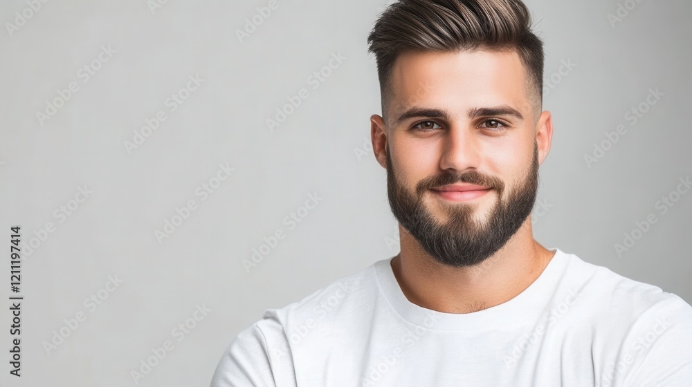 Young Attractive Man with Beard Smiling and Posing in Bright Studio Against Neutral Background Young Attractive Man with Beard Smiling and Posing in Bright Studio Against Neutral Background