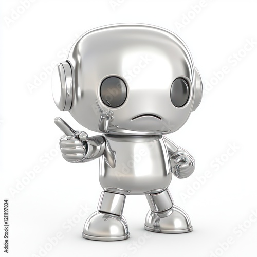 Cute robot figurine, big round eyes, headphones, thumbs up gesture, silver metallic finish, chibi style, Funko Pop aesthetic, simple design, minimalist details, shiny surface, mascot character, cheerf photo