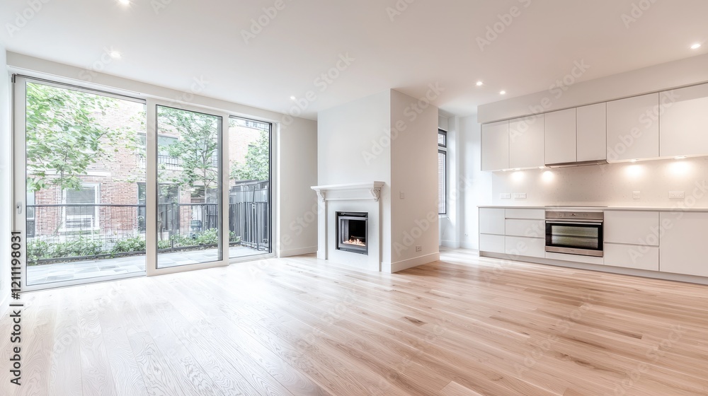 Fototapeta premium Modern bright apartment living room with fireplace, kitchen, and backyard view