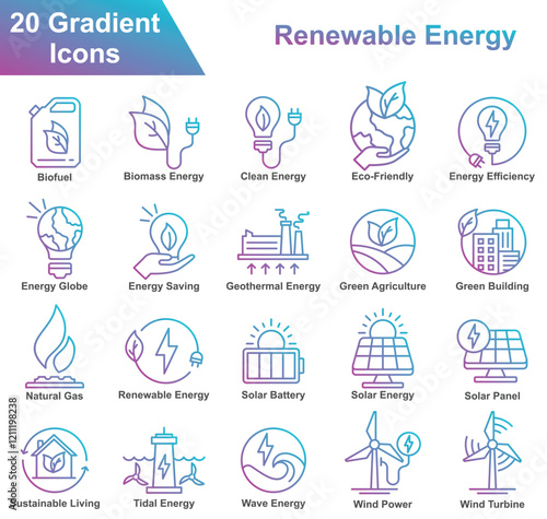 Renewable Energy Icon Set Collection. Containing Biofuel, Biomass, Clean Energy, Eco Friendly, Energy Efficiency, Energy Saving, Geothermal Energy, Agriculture. Simple Gradient Vector Illustration.