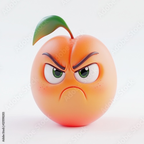 Angry cartoon peach, anthropomorphic fruit character, furrowed brow, scowling expression, vibrant orange color, green stem, spherical shape, white background, 3D rendering, glossy texture, minimalist 