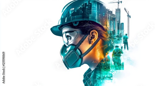 Construction worker in protective gear overseeing site operations in urban environment focused on safety and efficiency