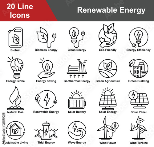 Renewable Energy Icon Set Collection. Containing Biofuel, Biomass, Clean Energy, Eco Friendly, Energy Efficiency, Energy Saving, Geothermal Energy, Green Agriculture. Simple Line Vector Illustration.