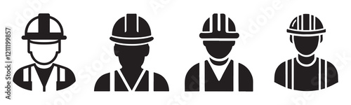 Set of Construction Worker Icons Depicting Professionals with Hard Hats. vector illustration