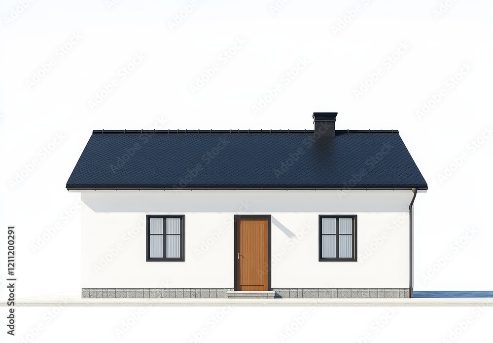 Simple white house exterior rendering with dark roof, brown door, and black windows. Simple white house exterior rendering with dark roof, brown door, and black windows.