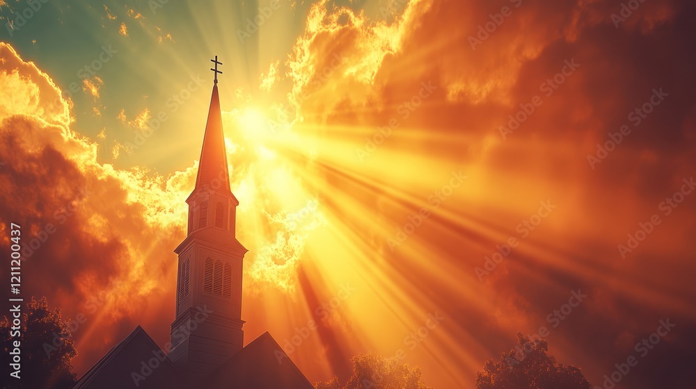 Fototapeta premium Church steeple silhouette at sunset with dramatic sky and sun rays.