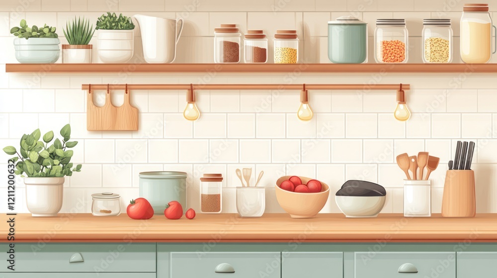 Kitchen shelves and countertop with food and utensils.