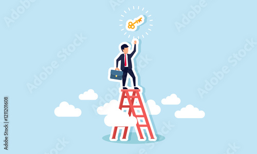 Businessman climbs stairs trying to reach a key, illustration of efforts to obtain business solutions