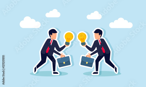Two businessmen carry lamps and intend to exchange them, illustration of sharing and exchanging business ideas