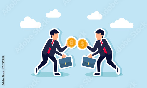 Two businessmen carry dollar coins and intend to exchange them, illustration of sharing investments for a company's capital