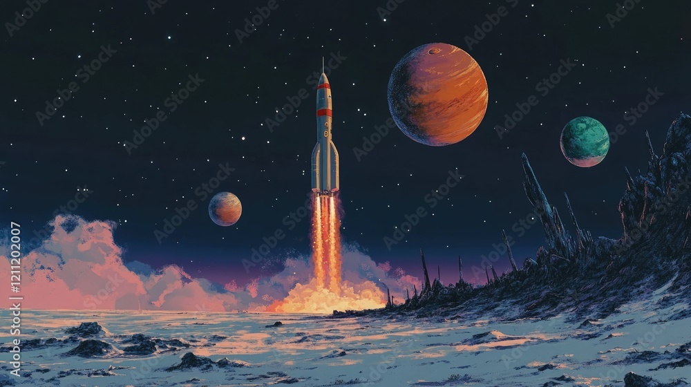 Naklejka premium Cartoon rocket launch scene with colorful planets faintly visible above the horizon.