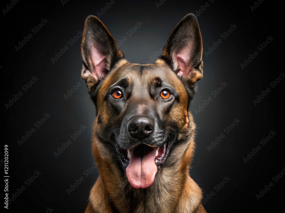 Fototapeta premium Belgian Malinois Dog Studio Photography: Black Background, Tongue Out, Isolated