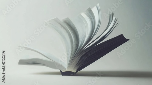 An open book with pages flipping in the air creating a sense of motion and knowledge