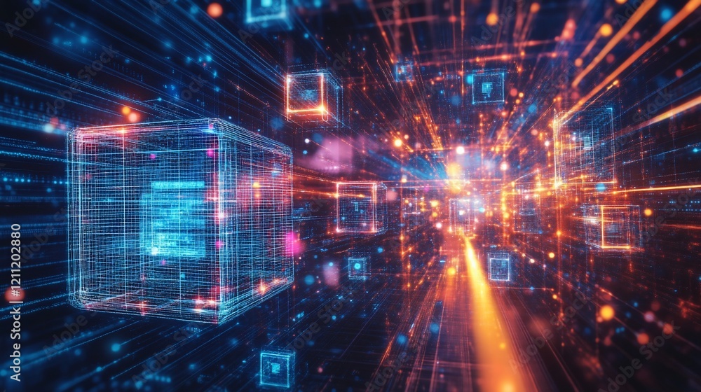 Digital data stream flowing through futuristic tunnel, representing technology and information transfer Digital data stream flowing through futuristic tunnel, representing technology and information transfer
