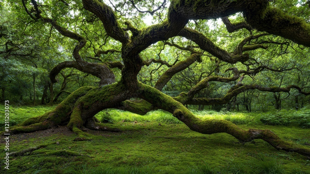 Enchanting forest exploration of giant moss-covered trees in a mystical woodland setting Enchanting forest exploration of giant moss-covered trees in a mystical woodland setting