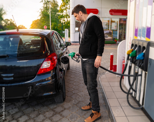 Tall handsome man filling up gas tank of a black car on a gas station 