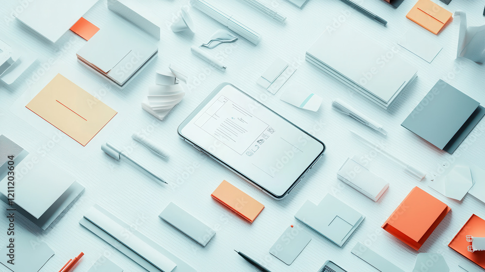 flat lay of brainstorming materials with sticky notes, papers, and tablet, showcasing organized and creative workspace flat lay of brainstorming materials with sticky notes, papers, and tablet, showcasing organized and creative workspace