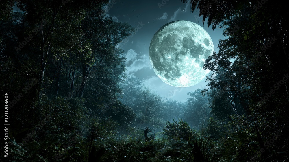 Fototapeta premium Moonlit forest adventure enchanting wilderness nature photography serene atmosphere nighttime mystical beauty