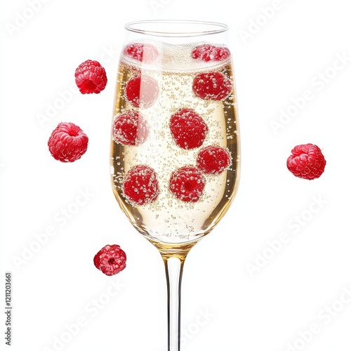 A sparkling champagne flute with raspberries, showcased against an isolated white background, hyper-realism art style photo