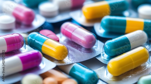 Colorful capsules and tablets scattered together. photo