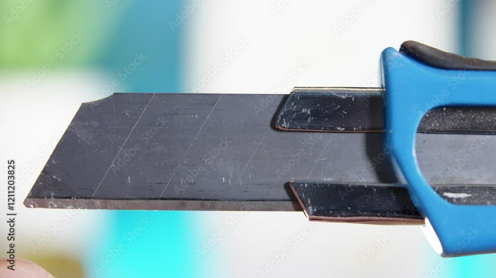 Macro shot of a disposable blade being retracted into the plastic casing Macro shot of a disposable blade being retracted into the plastic casing