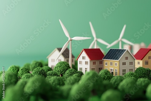 A vibrant scene depicting miniature houses with solar panels and wind turbines, symbolizing eco-friendly living and renewable energy.