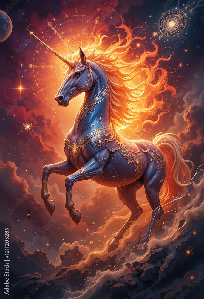 Fiery Celestial Unicorn Majestic Pose Cosmic Background Fiery Celestial Unicorn Majestic Pose Cosmic Background