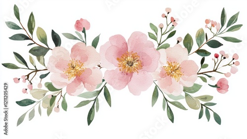 Beautiful watercolor floral arrangement with pink flowers and green leaves