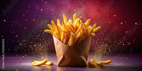 Delicious French Fries, Red Packaging, Purple Background - Gourmet Fast Food Photography