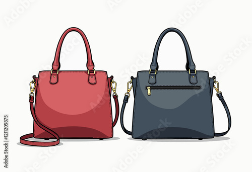 Women's Bag Line Icon: Top Handle, Crossbody Style, Flat Outline, Front, Back & Side Views, Isolated Vector, Simple Design, Pure White Background, Template.

