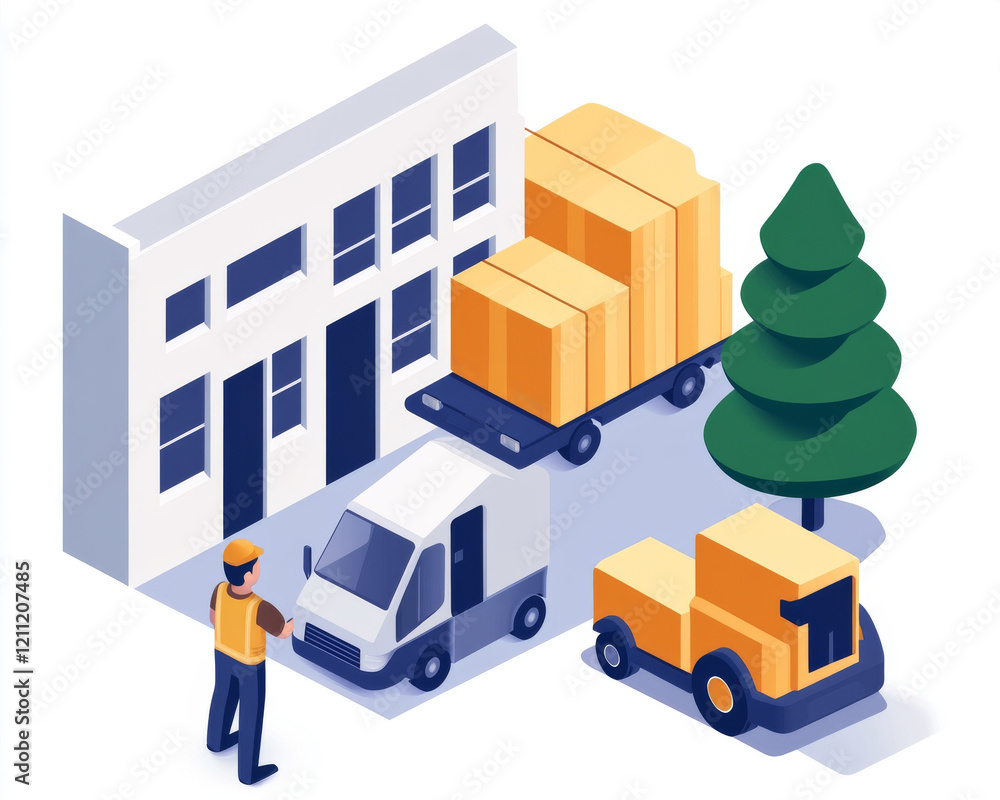 A delivery scene featuring a worker with trucks and packages outside a building, illustrating logistics and transportation. A delivery scene featuring a worker with trucks and packages outside a building, illustrating logistics and transportation.