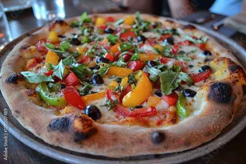 Pizza with colorful toppings like bell peppers, olives, and fresh basil, served on a rustic plate photo