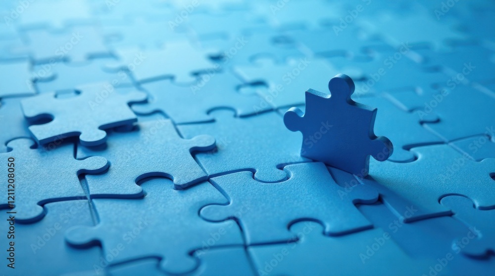 Fototapeta premium A Single Blue Jigsaw Piece About to Complete a Nearly Finished Puzzle